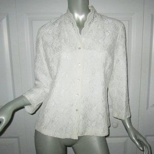 TALBOTS White Lace Lined Button-Down Jacket Blouse